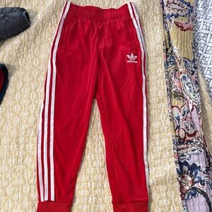 Adidas Kids Red Joggers with White Stripes